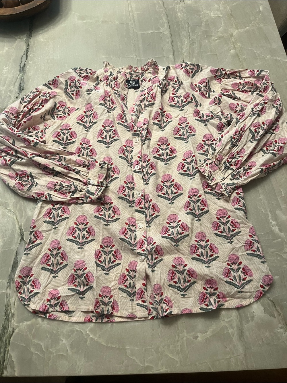 Pink Floral Button-Front Blouse with Puff Sleeves